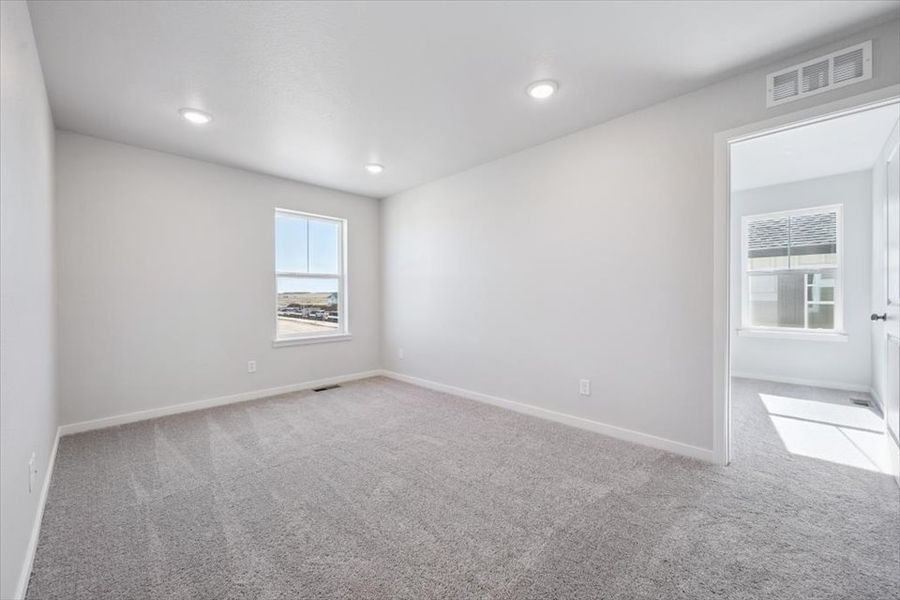 A room with a carpet and windows. A room with a carpet and windows.