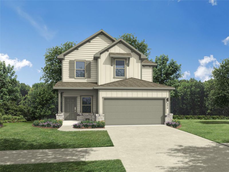 View of front of property with board and batten siding, a front yard, driveway, stone siding, and an attached garage