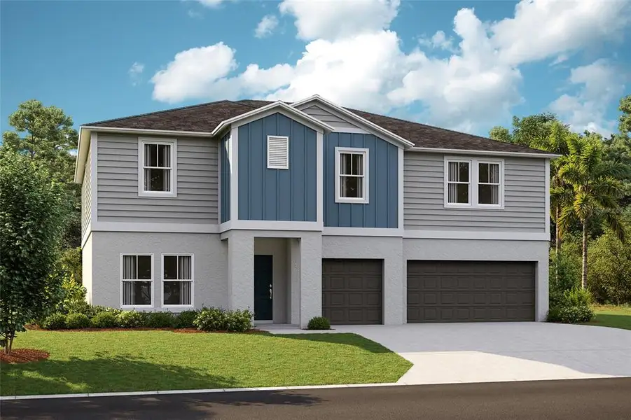 Front exterior of a new home in Pasadena Landing, Wesley Chapel, FL, highlighting curb appeal (Image 1). Front exterior of a new home in Pasadena Landing, Wesley Chapel, FL, highlighting curb appeal (Image 1).