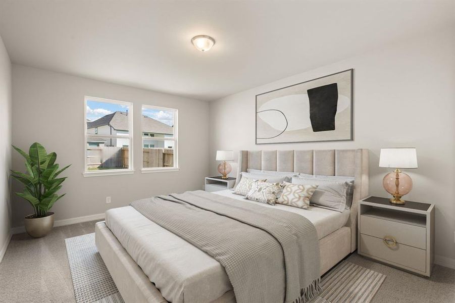 The primary bedroom is generously sized, creating a tranquil and spacious retreat that offers ample room for relaxation. Featuring plush carpet, high ceilings, fresh paint, and large windows that lets in natural lighting throughout the day.