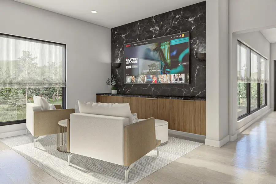 Home theater featuring light wood-type flooring, baseboards, and recessed lighting