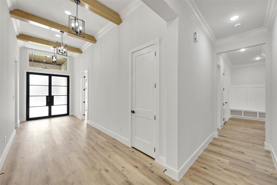 Stylish front door, lighting and durable luxury flooring Stylish front door, lighting and durable luxury flooring