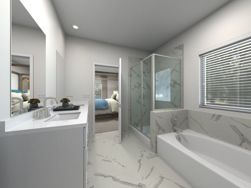 The primary bathroom offers dual vanity sinks and a walk-in shower.