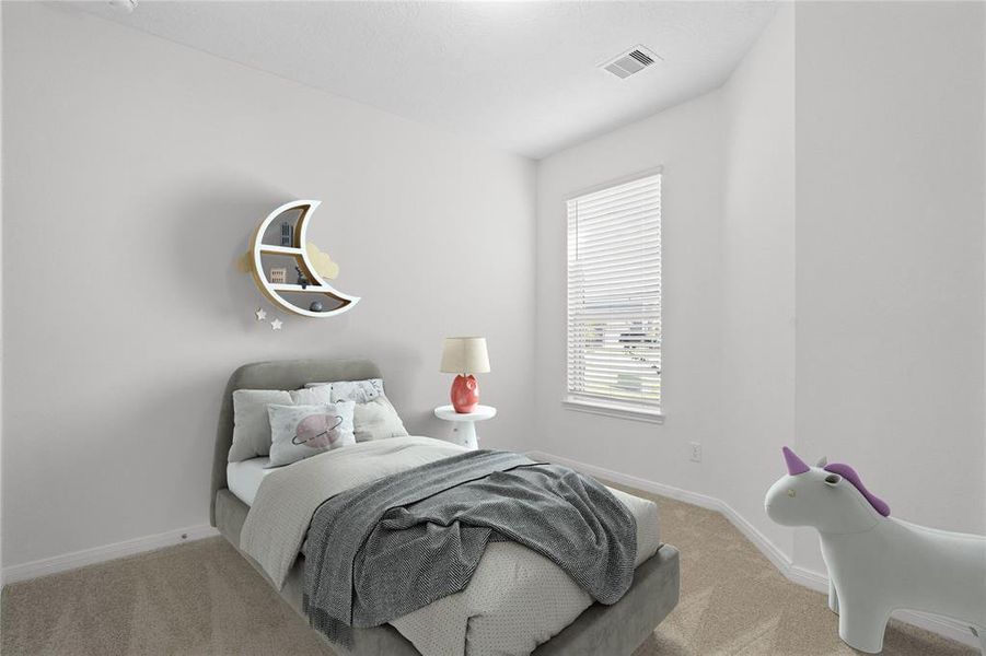 Secondary bedroom features plush carpet, and a large window with privacy blinds.