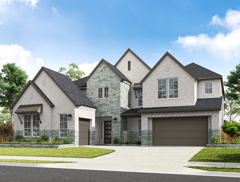 Front exterior of a new home in Harvest Green, Richmond, TX, highlighting curb appeal (Image 1). Front exterior of a new home in Harvest Green, Richmond, TX, highlighting curb appeal (Image 1).