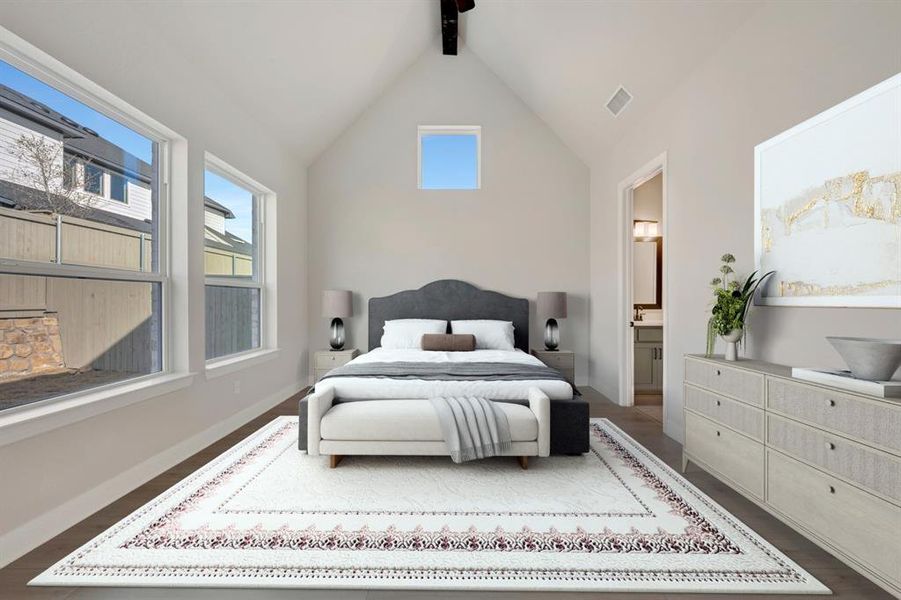 Bedroom featuring ensuite bathroom and a ceiling fan