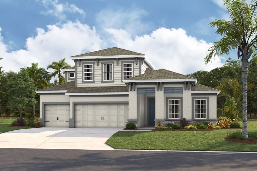 Representative exterior photo of a completed home built from the Hyde Park IV by Homes by WestBay in Pasadena Woods, Wesley Chapel, FL (Image 4).