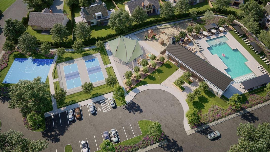 An aerial perspective reveals a vibrant community hub with multiple recreational areas and ample parking.