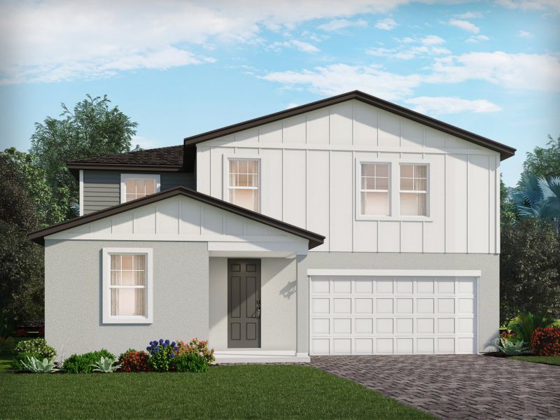 Front exterior of a new home in Wynnstone - Signature Series, Davenport, FL, highlighting curb appeal (Image 1). Front exterior of a new home in Wynnstone - Signature Series, Davenport, FL, highlighting curb appeal (Image 1).