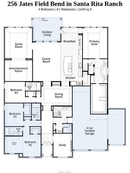2D floor plan layout of this home in Santa Rita Ranch, Liberty Hill, TX (Image 2).