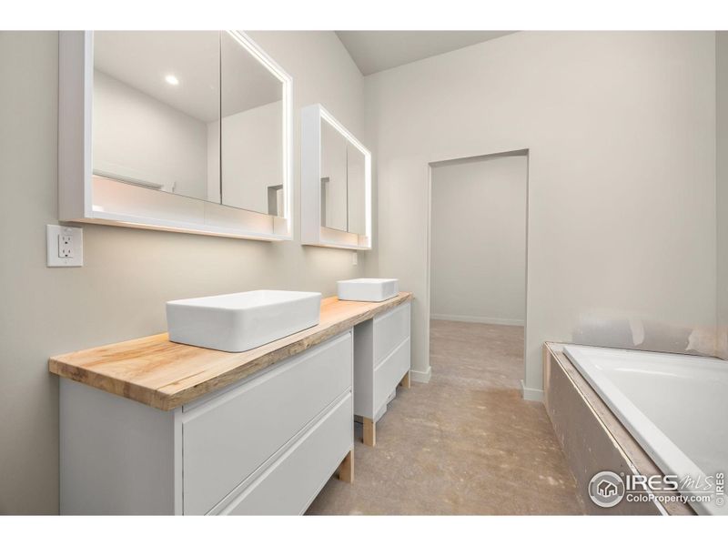 Primary bathroom with custom Silver Ash counter top - still time to pick out tile for primary bath dual head shower and tub surround! Primary bathroom with custom Silver Ash counter top - still time to pick out tile for primary bath dual head shower and tub surround!