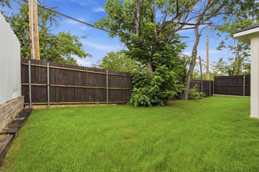 Private yard featuring a wood privacy fence and established trees
