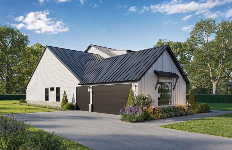 View of home's exterior featuring a garage, a yard, concrete driveway, a metal roof, and board and batten siding