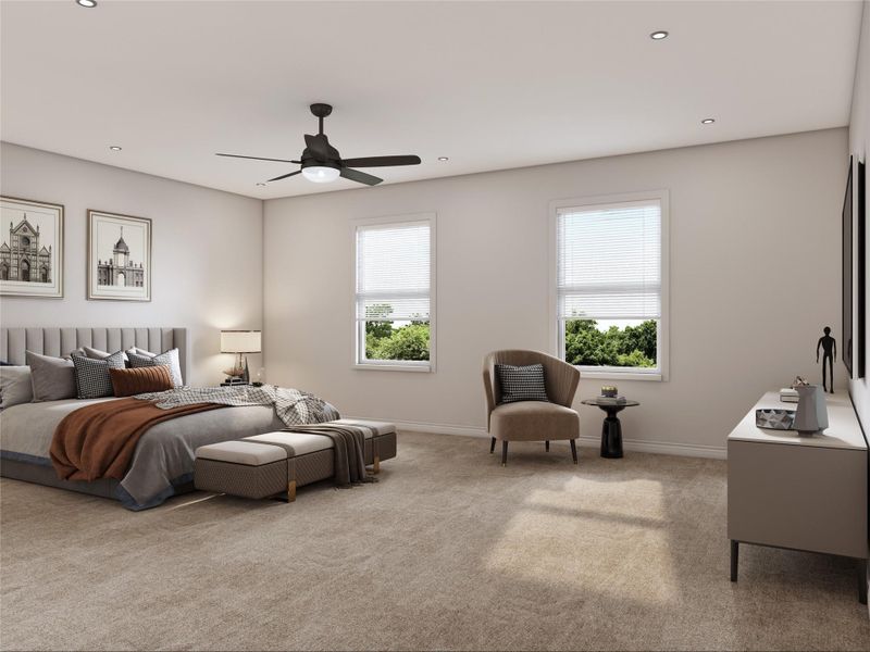 Spacious (18x15) primary bedroom with 2 windows, a ceiling fan, and plush carpeting. Sink into a king-size fluffy bed after a long day and enjoy sweet dreams on your own bed. Example photo, virtually staged Spacious (18x15) primary bedroom with 2 windows, a ceiling fan, and plush carpeting. Sink into a king-size fluffy bed after a long day and enjoy sweet dreams on your own bed. Example photo, virtually staged