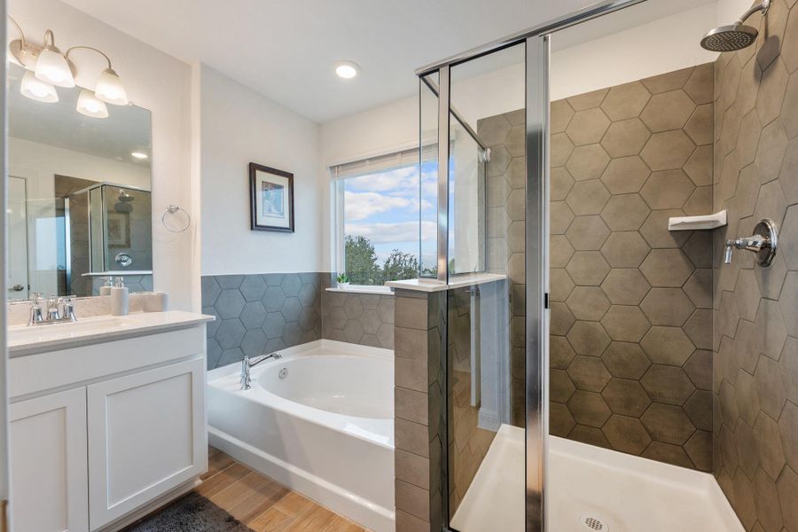 A well-lit primary bathroom featuring a spacious soaking tub and a walk-in shower with hexagonal tile. A well-lit primary bathroom featuring a spacious soaking tub and a walk-in shower with hexagonal tile.