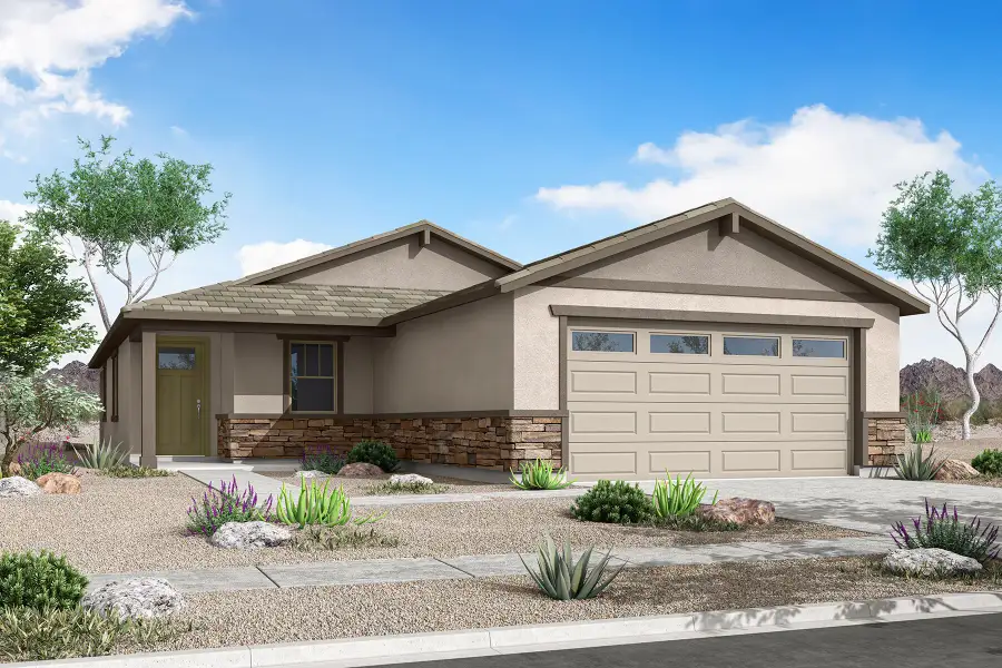 Front exterior of a new home in Tyler Ranch, Buckeye, AZ, highlighting curb appeal (Image 1). Front exterior of a new home in Tyler Ranch, Buckeye, AZ, highlighting curb appeal (Image 1).