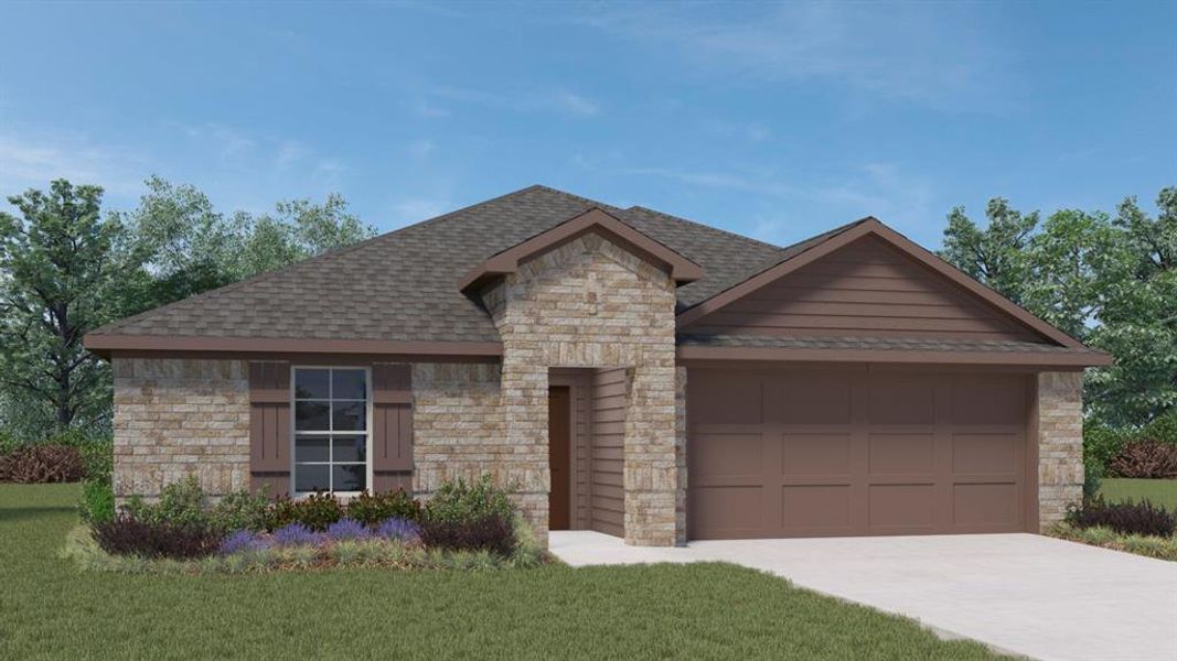 View of front of property with stone siding, roof with shingles, concrete driveway, a front yard, and a garage