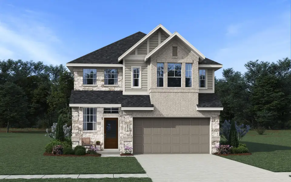 Front exterior of a new home in Legacy at Lake Dunlap, New Braunfels, TX, highlighting curb appeal (Image 2). Front exterior of a new home in Legacy at Lake Dunlap, New Braunfels, TX, highlighting curb appeal (Image 2).