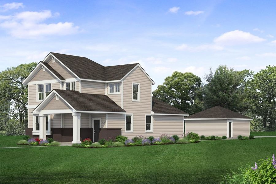 Rendering of two story two-ton tan home with dark brown painted brick, black door, and detached garage with landscaping and sky Rendering of two story two-ton tan home with dark brown painted brick, black door, and detached garage with landscaping and sky