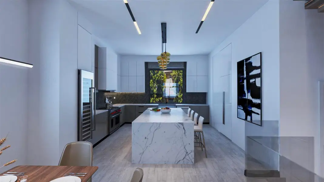 This modern kitchen features sleek cabinetry, a large marble island with seating, and contemporary lighting. It has stainless steel appliances and a window providing natural light. The design is open and elegant, perfect for both cooking and entertaining. This modern kitchen features sleek cabinetry, a large marble island with seating, and contemporary lighting. It has stainless steel appliances and a window providing natural light. The design is open and elegant, perfect for both cooking and entertaining.