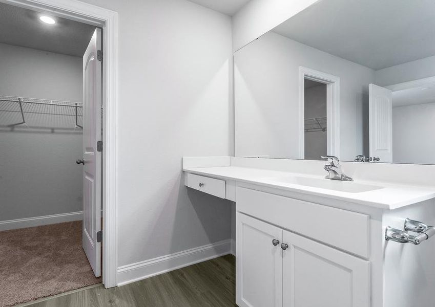 Master bathroom with a large vanity and vinyl flooring.