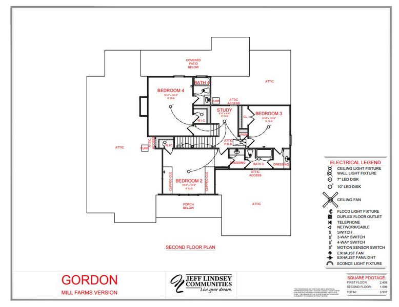 2D floor plan layout for the Gordon F by Jeff Lindsey Communities in Mill Farms, Peachtree City, GA (Image 3).