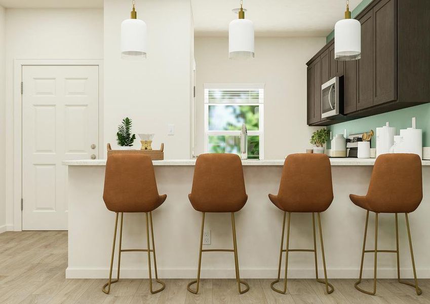 Rendering of the spacious kitchen
  showcasing wood cabinetry, stainless steel appliances and granite
  countertops.