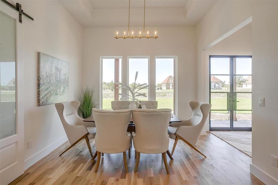 Dining space featuring light wood-type flooring, a tray ceiling, a chandelier, and a barn door