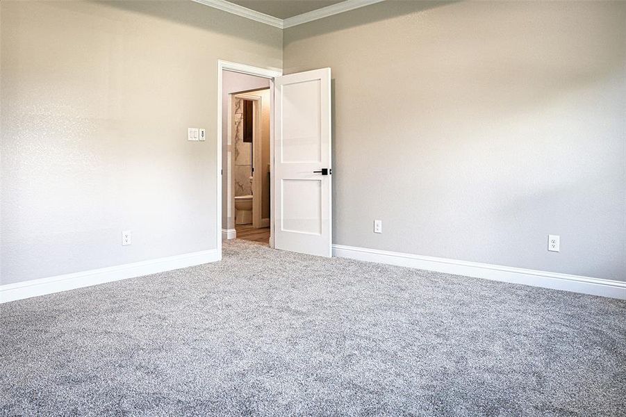 Primary bedroom has crown moldings and decorative tray ceiling.