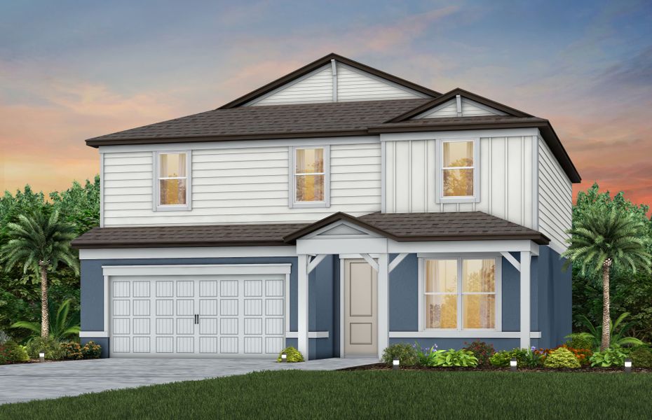 Representative exterior photo of a completed home built from the Valen by Pulte Homes in Hawthorne Ranch, Lakeland, FL (Image 2). Representative exterior photo of a completed home built from the Valen by Pulte Homes in Hawthorne Ranch, Lakeland, FL (Image 2).