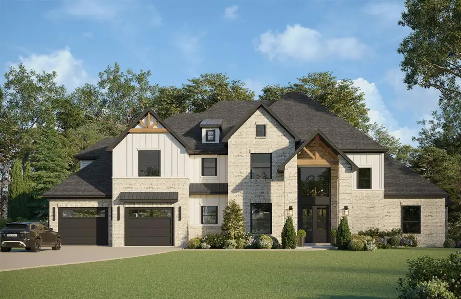 Rendering photo-Stunning front view of a modern stone and brick home with elegant architectural details, expansive windows, and a spacious driveway. Perfect blend of luxury and comfort.