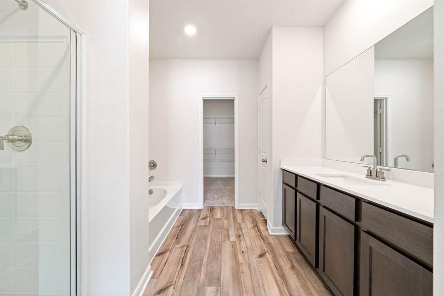 Bathroom with hardwood / wood-style flooring, vanity, and shower with separate bathtub