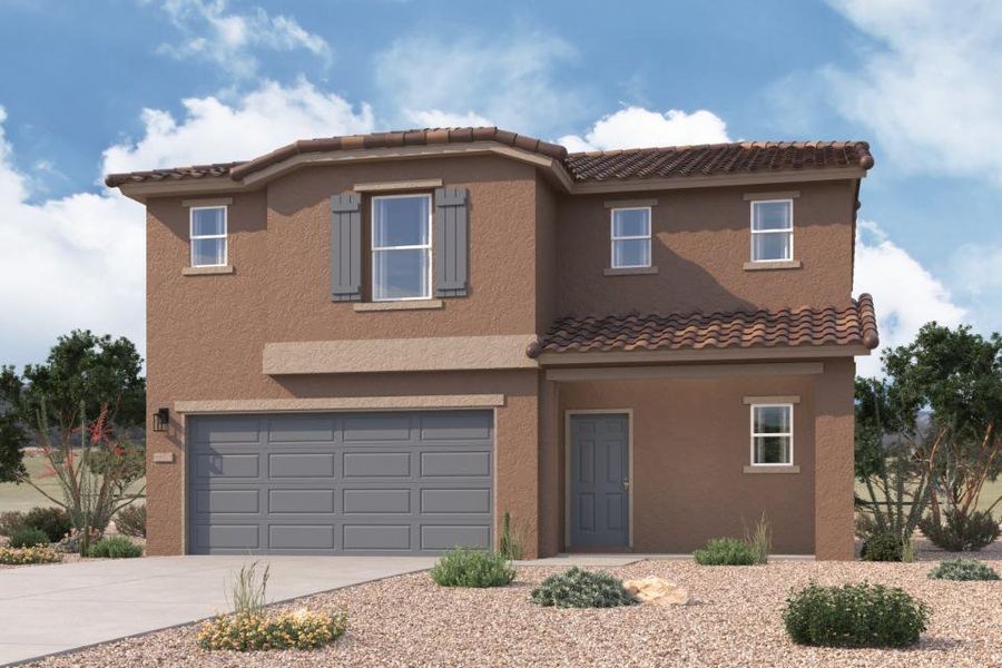 Front exterior of a new home in Rancho Mirage Estates, Maricopa, AZ, highlighting curb appeal (Image 1). Front exterior of a new home in Rancho Mirage Estates, Maricopa, AZ, highlighting curb appeal (Image 1).