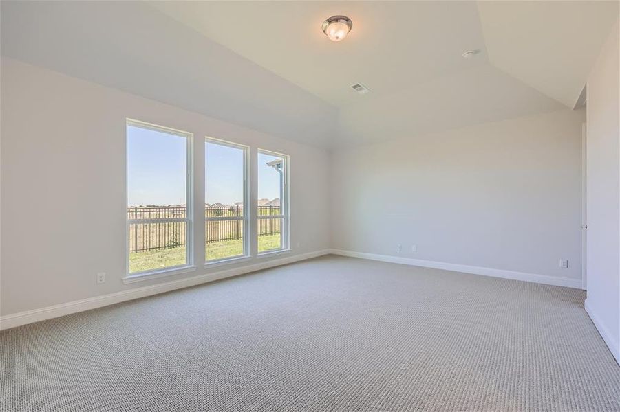 Empty room featuring lofted ceiling and carpet flooring