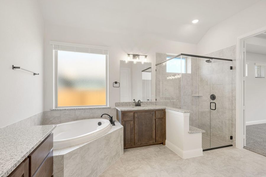 Master bathroom with soaking tub, glass walk-in shower, and wood vanity with granite countertop Master bathroom with soaking tub, glass walk-in shower, and wood vanity with granite countertop