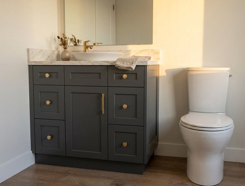 Designer powder bath on the main level with high-end custom cabinetry, quartz countertops, a vessel sink, and brushed-gold hardware. Virtually Staged. Designer powder bath on the main level with high-end custom cabinetry, quartz countertops, a vessel sink, and brushed-gold hardware. Virtually Staged.