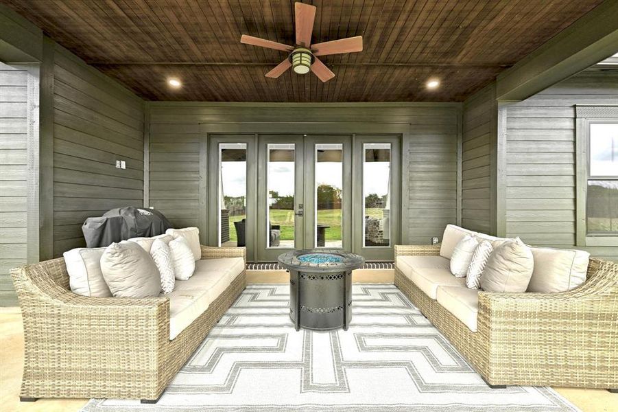 Sunroom / solarium featuring an outdoor hangout area, wood walls, wooden ceiling, recessed lighting, and ceiling fan