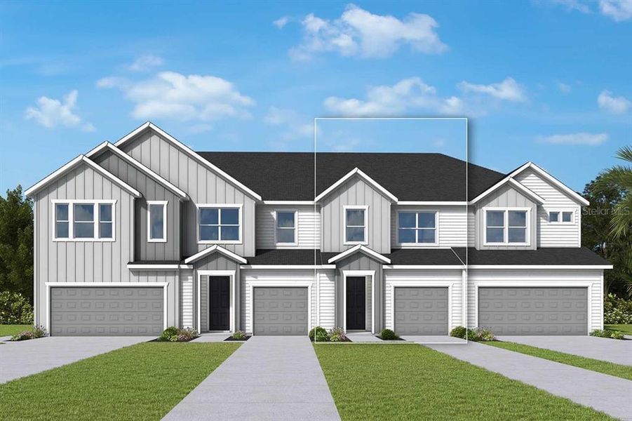 Front exterior of a new home in Waterset Townhomes, Apollo Beach, FL, highlighting curb appeal (Image 1). Front exterior of a new home in Waterset Townhomes, Apollo Beach, FL, highlighting curb appeal (Image 1).