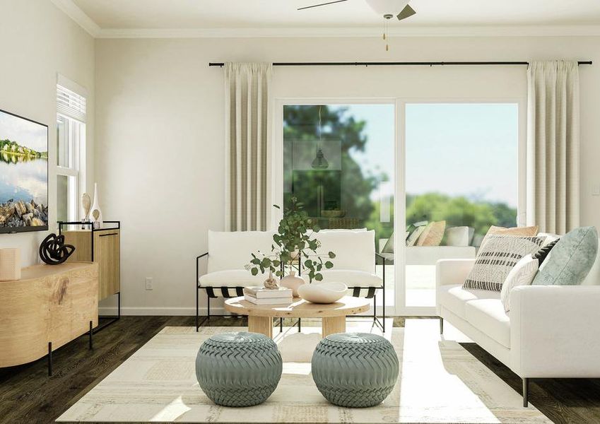 Rendering of the living room looking
  towards the sliding glass door. The room is furnished with a couch, two
  accent chairs and rug.