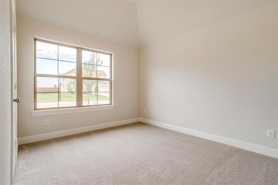 Carpeted empty room with vaulted ceiling