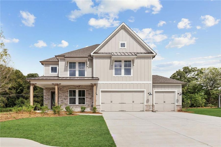 Front exterior of a new home in Ashbury Commons, Powder Springs, GA, highlighting curb appeal (Image 1).