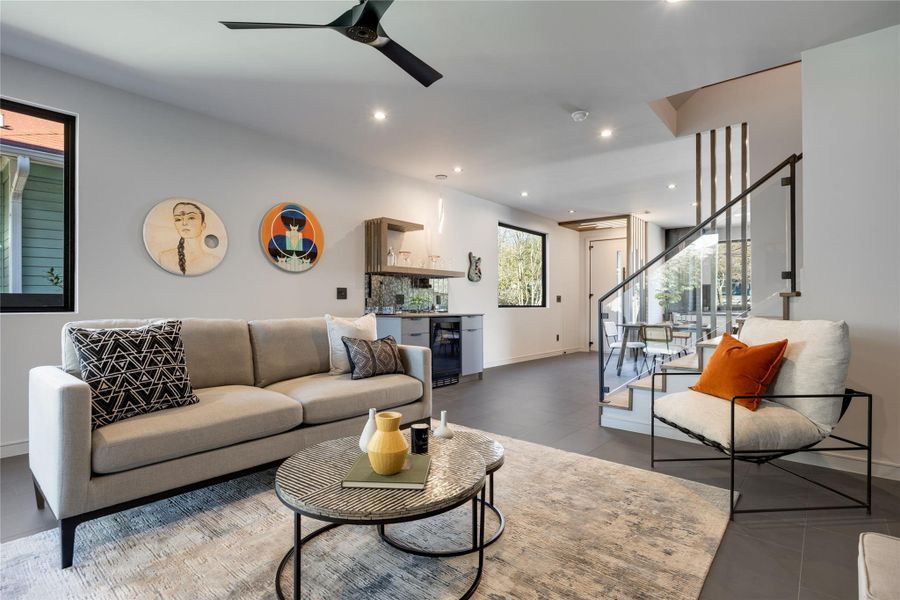 Living area with plenty of space to hang out, watch movies or entertain.