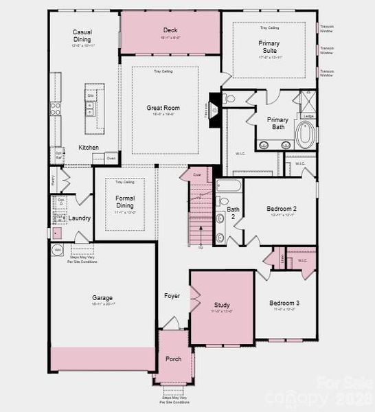 First Floor Plan -  Additional Highlights Include: two secondary bedrooms with two bathroom added upstairs, game room added upstairs, partially finished walkout basement, gas fireplace in the great room, additional windows in the primary bedroom, study in place of a flex room, 4' garage extension, and tray ceilings in the formal dining room, great room, and primary bedroom