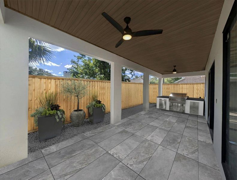 Oversized Terrace with summer kitchen on the far end.  Rich flooring and neutral Canyon toned tile for endless gatherings.  Large planters on the back are the perfect touch for greenery favorites. This is a render.