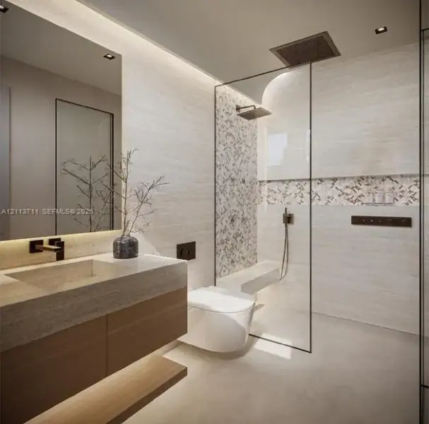 Floating wood-finish vanity with stone-top sink, walk-in glass-enclosed shower featuring a built-in stone bench, integrated wall-mounted rain showerhead, and recessed LED accent lighting