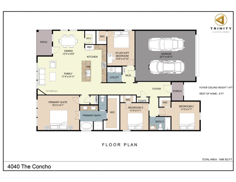 2D floor plan layout for the The Concho by Trinity Classic Homes in Zion Trails, Poolville, TX (Image 3). 2D floor plan layout for the The Concho by Trinity Classic Homes in Zion Trails, Poolville, TX (Image 3).
