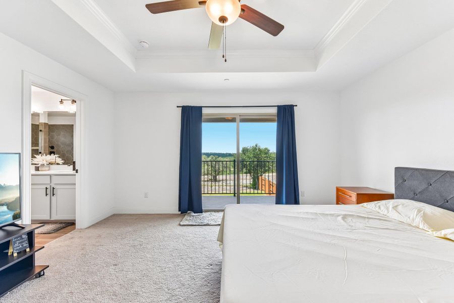 A spacious bedroom features a ceiling fan, a tray ceiling, and carpet flooring.