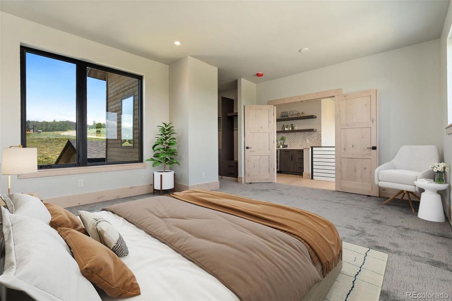 Upper bedroom w/en suite, double doors digitally staged