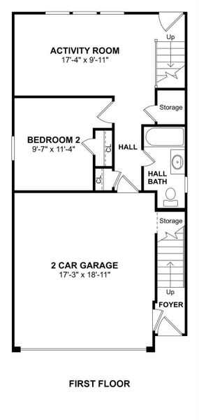 Floor plan view showing the entry foyer, two-car garage, secondary bedroom with hall bath, and spacious activity room leading to the backyard. Floor plan view showing the entry foyer, two-car garage, secondary bedroom with hall bath, and spacious activity room leading to the backyard.