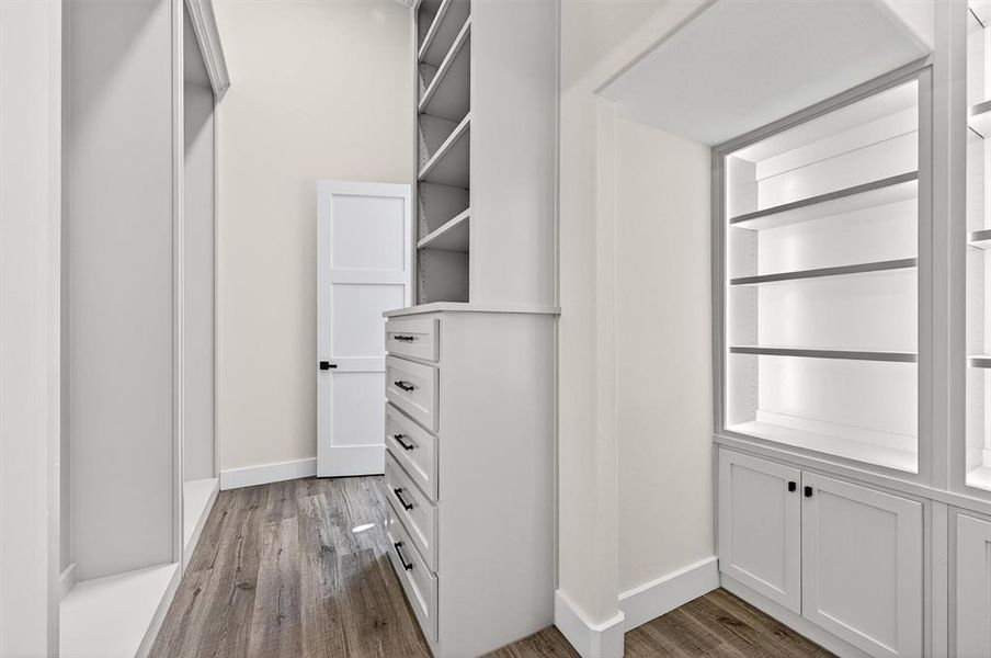 Spacious closet with dark wood-style floors